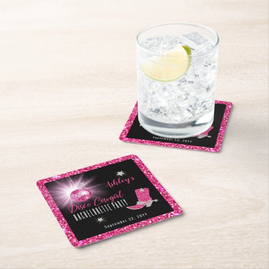 フェイクグリッターピンクディスコ女性のカーボーイバチェロレッテ スクエアペーパーコースター (インサイチュ)