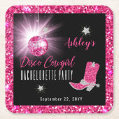 フェイクグリッターピンクディスコ女性のカーボーイバチェロレッテ スクエアペーパーコースター (正面)