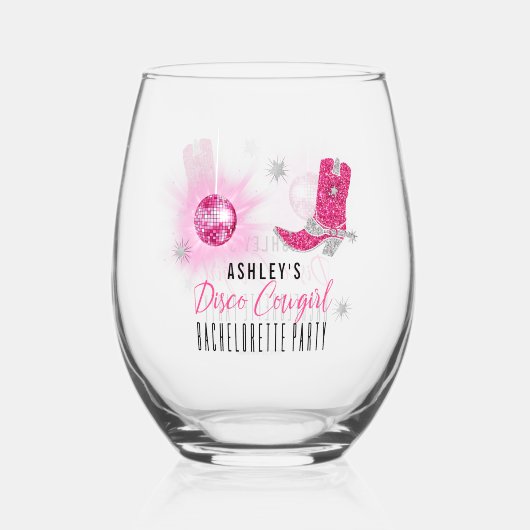 フェイクグリッターピンクディスコ女性のカーボーイバチェロレッテ ステムなしワイングラス (正面)