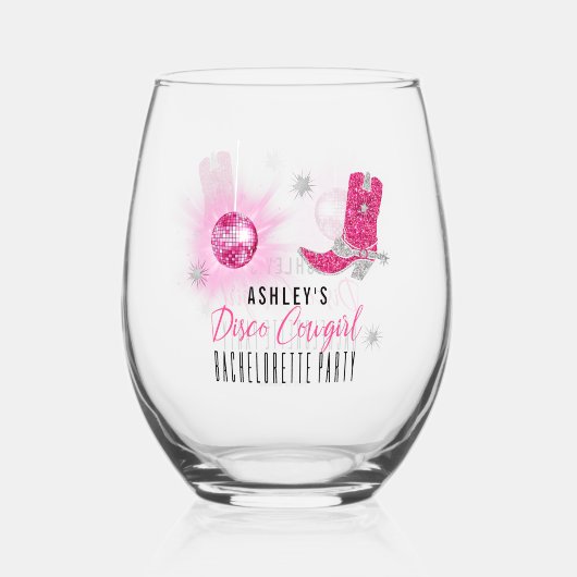フェイクグリッターピンクディスコ女性のカーボーイバチェロレッテ ステムなしワイングラス (裏面)