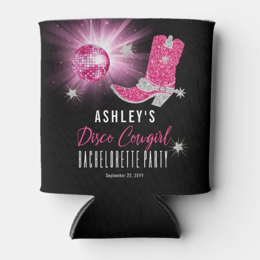 フェイクグリッターピンクディスコ女性のカーボーイバチェロレッテ 缶クーラー (正面)