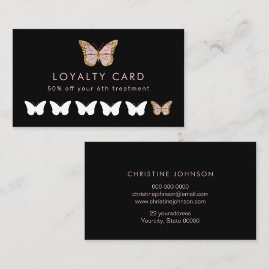 フェイクグリッターピンクバタフライロイヤリティカード 名刺 (正面/裏面)