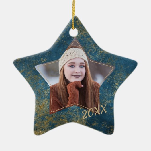 フェイクグリッターブルーストーンフレーム大学院写真 セラミックオーナメント (正面)