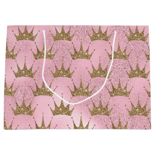 フェイクグリッタープリンセス金ゴールドクラウンパーティーバッグ ラージペーパーバッグ (正面)