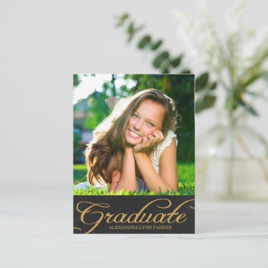 フェイクグリッター卒業招待状はがき/黒 インビテーションポストカード (スタンド正面)