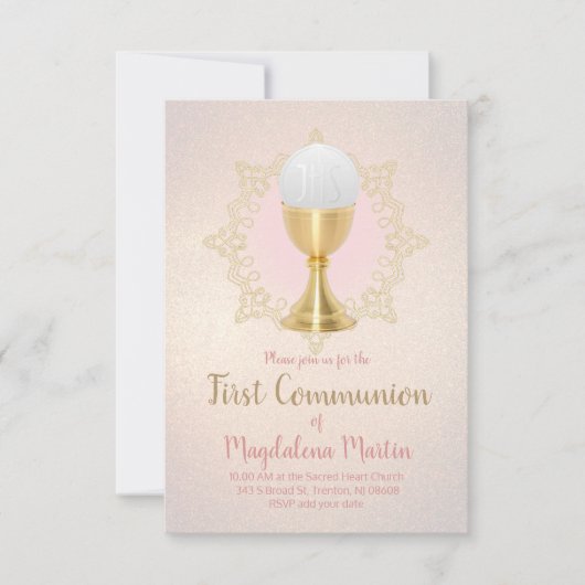 フェイクグリッター背景First Communion 招待状 (正面)