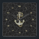 フェイクグリッター航海のいかり黒の背景 スクエア壁時計<br><div class="desc">黒エレガントモノトーンヴィンテージフローラは、白グリッターと金ゴールドいかりと同じグリッターの数で背景をダマ航海のップする。カッコいいきらきら光る時計。私のもしデザインの救済カスタマイズ、ArtOnWearデザイ連絡ナーが必要だ。要求により利用できるライブの無料の救済文字フォーマット。</div>