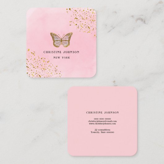 フェイクグリッター蝶のピンクの水色 スクエア名刺 (正面/裏面)