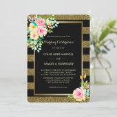 フェイクグリッター金ゴールドストライプバラ結婚式招待状 招待状 (スタンド正面)