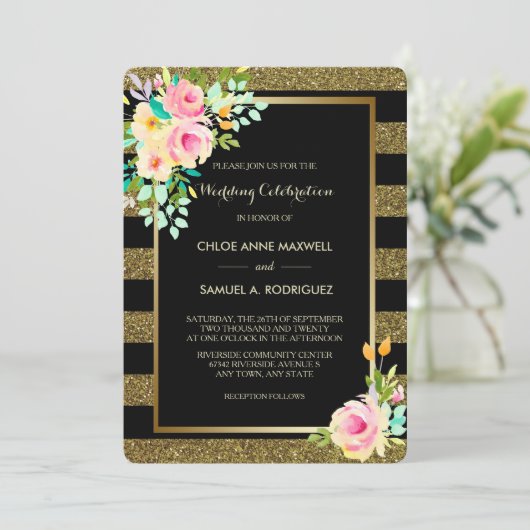 フェイクグリッター金ゴールドストライプバラ結婚式招待状 招待状 (スタンド正面)