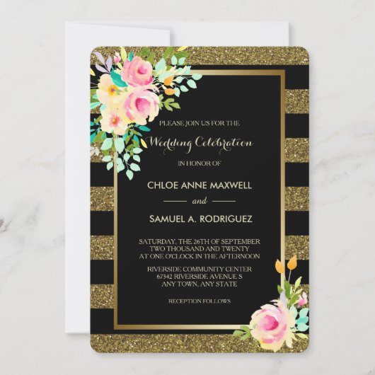 フェイクグリッター金ゴールドストライプバラ結婚式招待状 招待状 (正面)