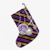 フェイクグリッター&ジュエルズパープル&金ゴールドトーンカスタム スモールクリスマスストッキング (裏面 (吊り時))