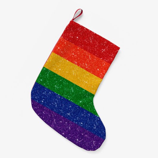 フェイクグリッターLGBTQプライドレインボー国旗 スモールクリスマスストッキング (正面 (吊り時))