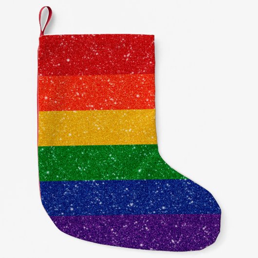 フェイクグリッターLGBTQプライドレインボー国旗 スモールクリスマスストッキング (正面)