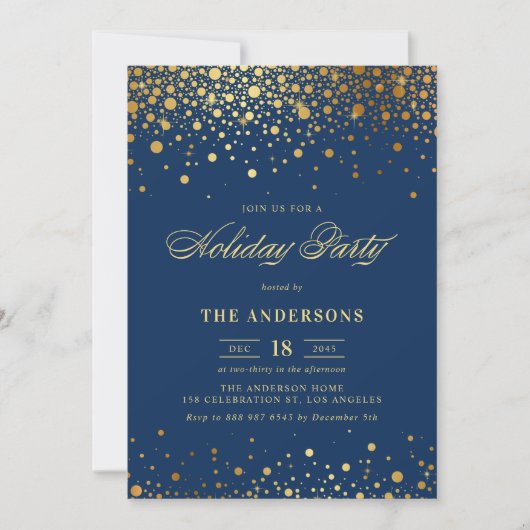 フェイクゴールドフォイル紙吹雪ホリデーパーティー |ネイビーブルー 招待状 (正面)
