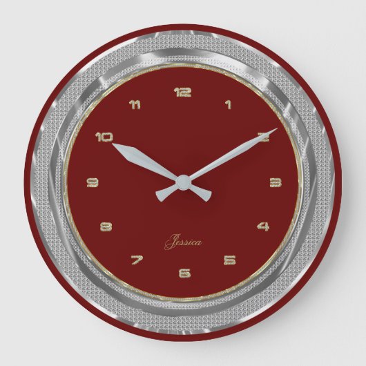 フェイクシルバーと金ゴールド縁どのカスタム赤い背景 ラージ壁時計 (正面)