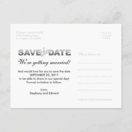 フェイクシルバーグリッター日付写真はがきを保存 案内ポストカード (裏面)