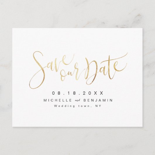 フェイクシンプルモダン金ゴールド・スクリプト日付の保存 案内ポストカード (正面)