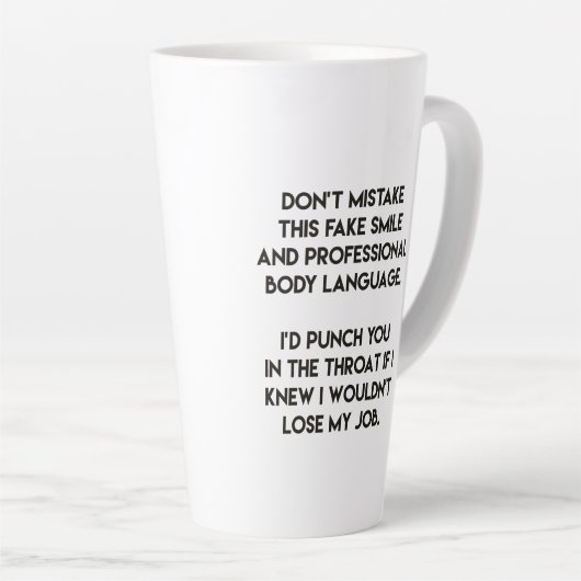 フェイクスマイルおもしろい-,皮肉引用文 カフェラテマグ (右アングル)