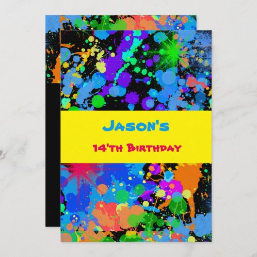 フェイクネオン絵を描(ばちゃばちゃ)跳ねる誕生日招待状 招待状 (正面/裏面)