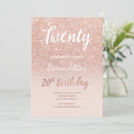 フェイクバラ金ゴールドグラデーショングリッター20誕生日 招待状 (スタンド正面)