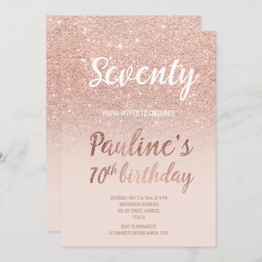 フェイクバラ金ゴールドグラデーショングリッター70誕生日 招待状 (正面/裏面)