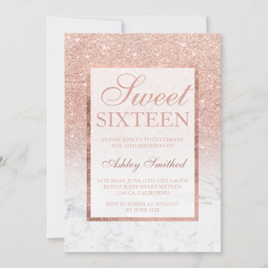 フェイクバラ金ゴールドグリッターグラデーションマーブルシックスウィート16 招待状 (正面)