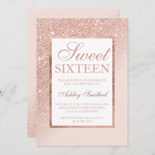 フェイクバラ金ゴールドグリッターシエレガントック甘い16サイド 招待状 (正面/裏面)