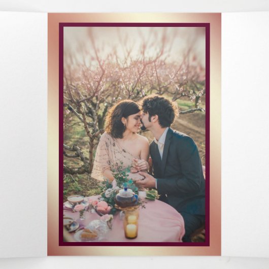 フェイクバラ金ゴールドグリッタースパークルピンクフローラ結婚ズ 三つ折り招待状 (内部中)