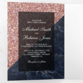 フェイクバラ金ゴールドグリッターブルー結婚大理石の写真 三つ折り招待状 (内部最初)