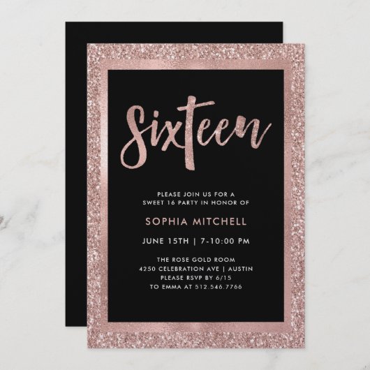 フェイクバラ金ゴールドグリッター | スウィート16パーティー 招待状 (正面/裏面)