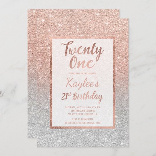 フェイクバラ金ゴールドフェイクグリッターシルバーシック21誕生 招待状 (正面/裏面)