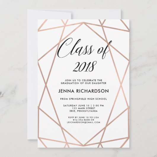 フェイクバラ金ゴールド幾何学模様オン白卒業パーティー 招待状 (正面)