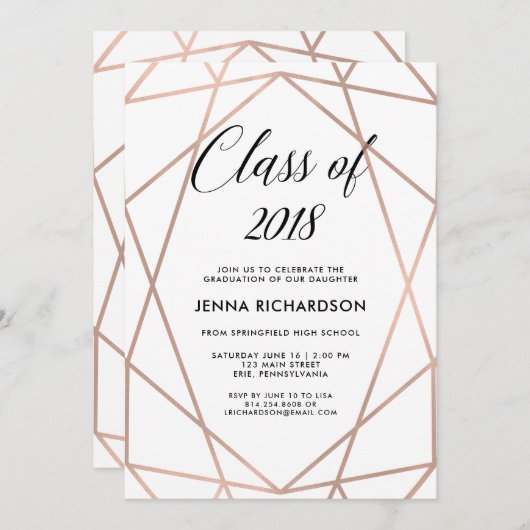 フェイクバラ金ゴールド幾何学模様オン白卒業パーティー 招待状 (正面/裏面)