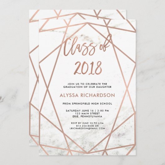 フェイクバラ金ゴールド幾何学 |大理石卒業パーティー 招待状 (正面/裏面)