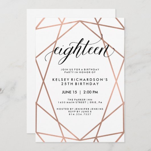 フェイクバラ金ゴールド幾何学 | 第18回誕生日パーティー 招待状 (正面/裏面)