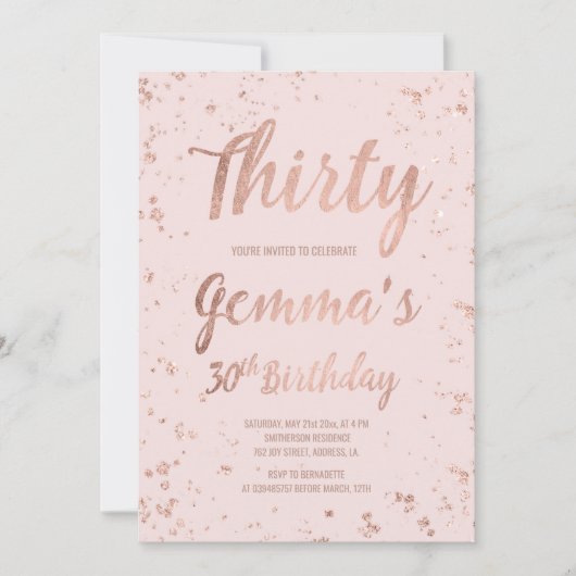 フェイクバラ金ゴールド紙吹雪赤面30th誕生日の名前 招待状 (正面)
