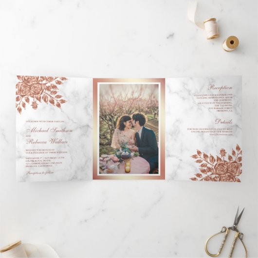 フェイクバラ金ゴールド葉フローラホワイトマーブル結婚ズ 三つ折り招待状 (内部)