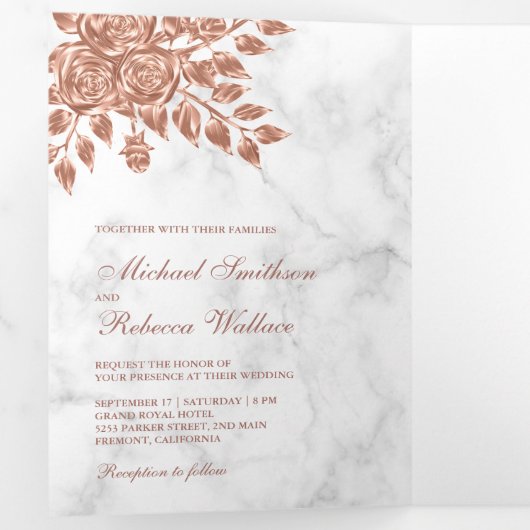 フェイクバラ金ゴールド葉フローラホワイトマーブル結婚ズ 三つ折り招待状 (内部最初)