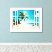 フェイクビーチと海サカスタムイズの窓 キャンバスプリント (インサイチュ (ウッドフロア))