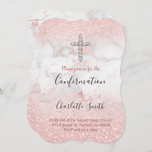 フェイクピンクグリッターオン大理石確認 招待状 (正面/裏面)