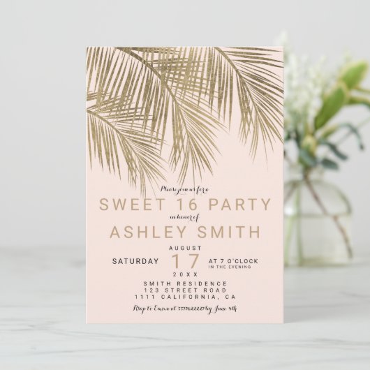 フェイクモダン金ゴールドの木のエレガントピンク甘い16 招待状 (スタンド正面)