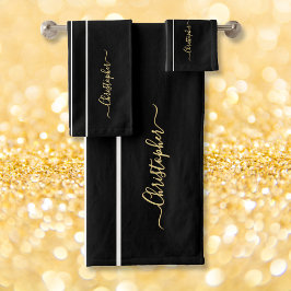 フェイクモノグラムの白黒レースストライプ金ゴールド バスタオルセット