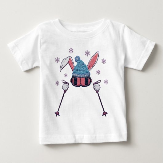 フェイクヤーン スキー ウサギ 冬 ユーモア ベビーTシャツ (正面)