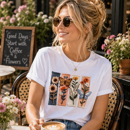 フェイクヤーン レトロな野の花のTシャツ、植物画 トライブレンドTシャツ