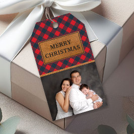 フェイクレザー 赤 バッファロー チェック柄 クリスマス 写真 ギフトタグ