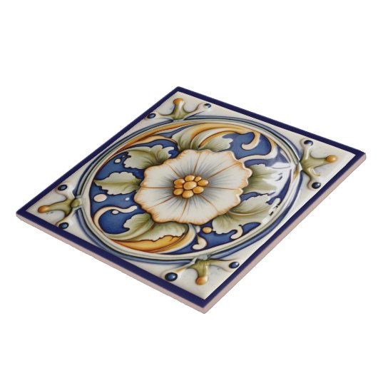 フェイクレリーフ、 浮き彫りフラワーアールデコブルーホワイトフローラ タイル (側面)