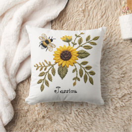 フェイク刺繍のひまわりとはちみつ蜂 クッション
