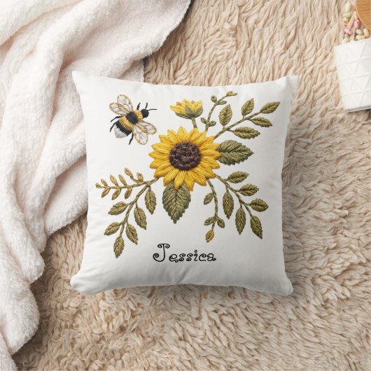 フェイク刺繍のひまわりとはちみつ蜂 クッション (ブランケット)