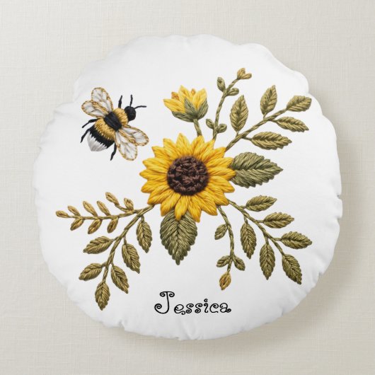 フェイク刺繍のひまわりとはちみつ蜂 ラウンドクッション (正面)